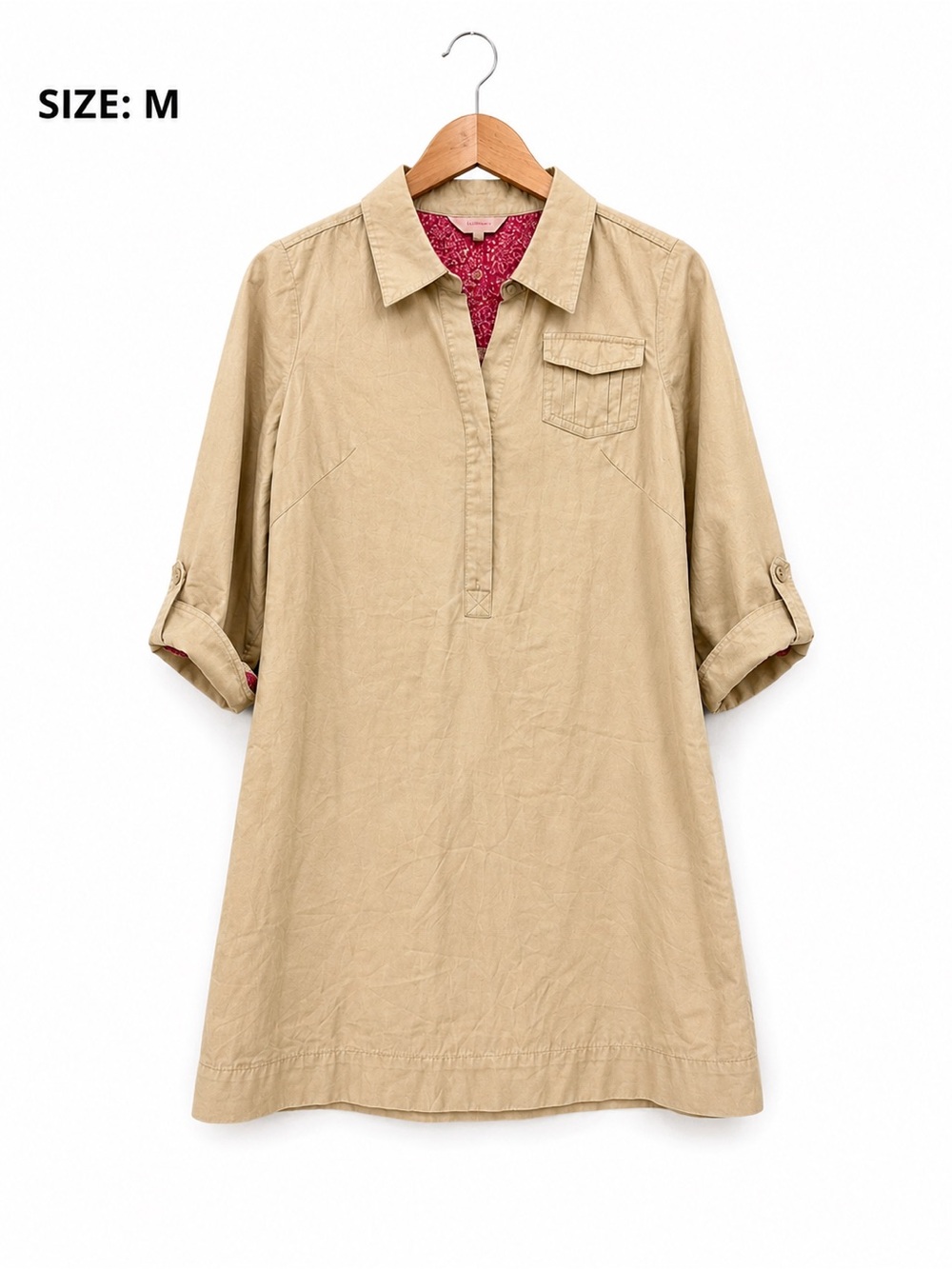 Lilly Pulitzer Khaki Shirt Dress Size 2 Pink Floral Trim Roll Tab Sleeves